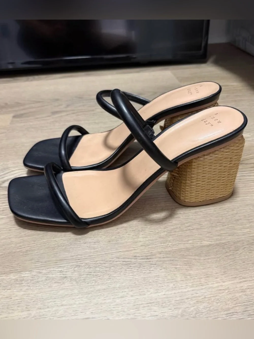 Black Strappy Block Heels with Woven Heel